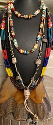 3 Vintage South African Tribal Made Bead Necklaces - Metal Glass And Disc Stone Bead