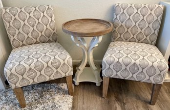 2 Dwell Home Inc. Material Side Chairs And A 2 Tone White And Light Wood Round Side Table