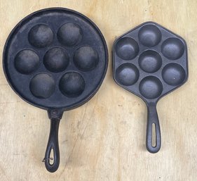 (2) Solid Cast Iron Danish Aebleskiver Pans - 6.5 Inch & 9 Inch