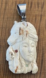 Hand Carved Ivory Mammoth Wolf & Female Face Pendant - Sterling Silver - Citrine - Garnet Pendant - 25.3 Grams
