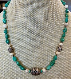 Sterling Silver - Turquoise And Mammoth Ivory Bead 19.5' Necklace - Handmade