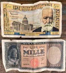 1963 France 5 Nouveaux Francs Victor Hugo Paper Banknote & Italy Banca D'Italia 1000 Lire Banknote 1947