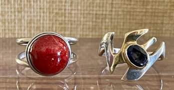 (2) Sterling Silver Rings - Coral Cabochon & Faceted Iolite - Total Weight 9.3 Grams