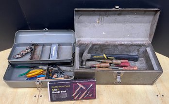 Vintage Metal Tacklebox & Toolbox With Assorted Hand Tools - Pocket Knives, Wood Handle Screwdrivers