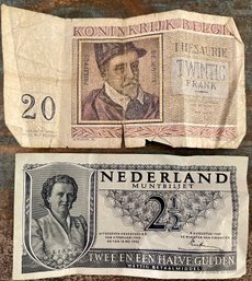 1956 Belgium 20 Francs Banknote & Netherland 2.5 Gulden Banknote 1949