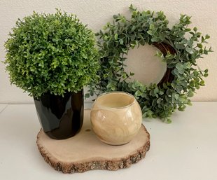 5' Premium Orchid Planter With Faux Plant, Wood Tree Slice, And Northern Lights Art Glass Candle