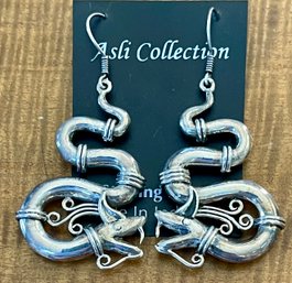 Heavy Sterling Silver Handmade Dragon Repousse Wire Earrings - Total Weight 21.4 Grams