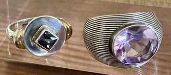 (2) Sterling Silver Rings - Rainbow Topaz & Large Faceted Amethyst Ring (as Is) Weight 16 Grams