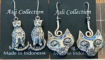 Sterling Silver Cat Face & Cat Wire Earrings - Handmade - Total Weight 20.5 Grams