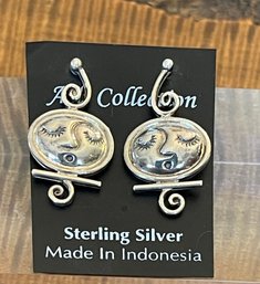 Sterling Silver Moon Face Repousse Post Earrings - Handmade - Total Weight - 10.2 Grams