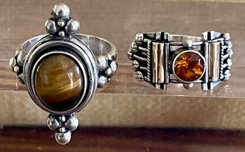 (2) Sterling Silver Rings - Tigers Eye Cabochon & Faceted Citrine W 18K Gold Accent - Total Weight 15.4 Grams