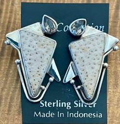 Sterling Silver - Petrified Palmwood & Smoky Quartz Post Earrings - Handmade - Total Weight 18.7 Grams