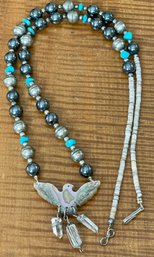 Gorgeous Mother Of Pearl Eagle & Quartz Crystal 24 Inch Necklace, Sterling Bench Beads - Turquoise & Hematite