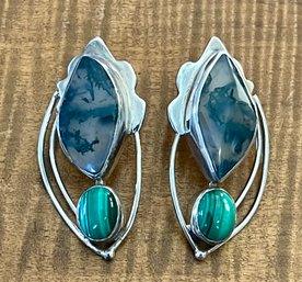 Sterling Silver - Moss Agate & Malachite Post Earrings - Handmade - Total Weight 16.6 Grams