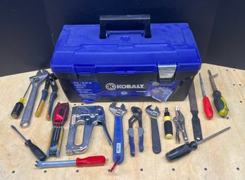 Kobalt Plastic Toolbox With Assorted Hand Tools - Staple Gun, Hex Keys, Wrenchs, Grips