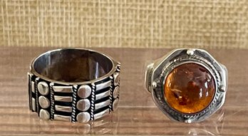 (2) Sterling Silver Rings - Amber Cabochon & Tribal Band - Total Weight 19.1 Grams