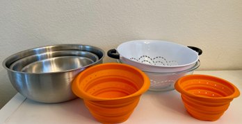 Stainless Steel Daily Chef And Pyrex Mixing Bowls, Plastic Colander, And 2 Collapsing Straining Bowls