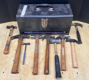 All American Metal Toolbox With Assorted Hammers