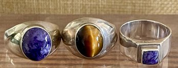 (3) Sterling Silver Rings (2) Charoite Cabochon & (1) Tigers Eye - Total Weight 13.9 Grams