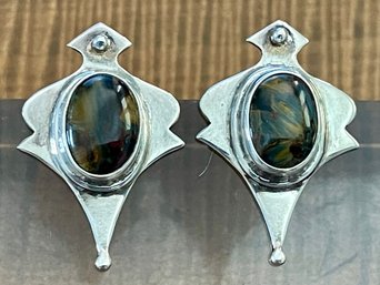 Sterling Silver And Pietersite Handmade Post Earrings - Total Weight 15.9 Grams
