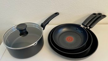 Set Of T-fal Heat Mastery Skillets 8  - 10 & 12 Inch And 2.5 Quart Pan