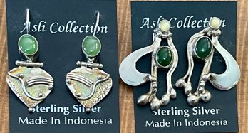 2 Pairs Of Sterling Silver & Oval Jade Cabochon Earrings Post & Wire - Handmade - Total Weight - 17.1 Grams