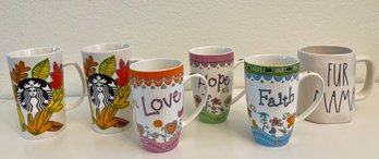 Coffee Mugs - 2 Starbucks, 1 Rae Dunn Fur Mama, Hope, Love, And Faith