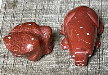 2 Fred Weekoty Hand Carved Pipe Stone Fetish Animals - Toad & Fishrock Mole Turquoise Spots And Eyes