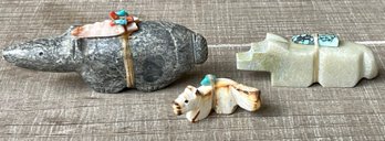 2 Vintage Navajo Stone Fetish Stack Animals & One Carved Antler Marlo Booqua Fetish With Turquoise