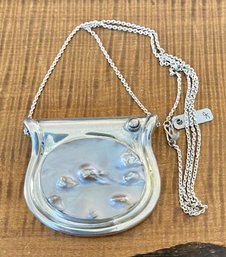Handmade Sterling Silver & Blister Pearl Cabochon Slide Pendant W 28' Sterling Necklace Total 62.7 Grams