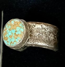 Old Pawn Early Tuft Cast Navajo Sterling Silver & Turquoise Stamped Ring Size 9.75 - Total Weight 17.8 Grams