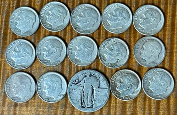 (14) Roosevelt 90 Percent Silver Dime Coins -    Up To 1964 - Standing Liberty Quarter Coin - 40.7 Grams