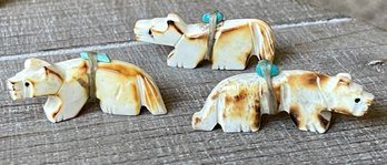 3 Zuni Marlo Booqua Carved Antler Fetish Animals With Turquoise