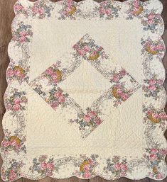 48' X 56' Scalloped Edged Floral Hand Stitched Quilted Throw