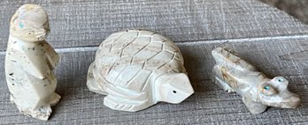 3 Zuni Carved Stone Fetish Animals - Turtle - Alligator & Ground Hog