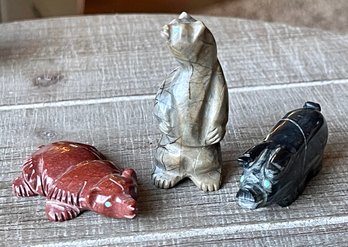 3 Vintage Zuni Carved Stone Fetish Animals - Bear - Pig - Albert Livingston All With Turquoise Eyes