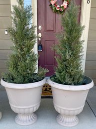 (2) Large Resin Planters With Faux Trees