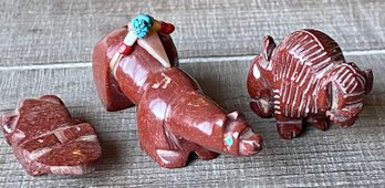 3 Zuni Vintage Pipestone Carved Fetish Animals - Bear - Buffalo & Frog