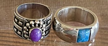 (2)  Sterling Silver Rings - Charoite Cabochon & Blue Lapis - Total Weight 29.2