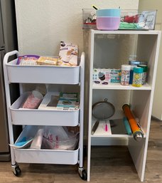 3 Tier Metal Rolling Cart With Baking Supplies And A 2 Tier Laminate Cart With Cookie Cutters, Sprinkles, Etc.