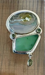 Sterling Silver - Jade & Peridot Handmade Pin - Total Weight - 15.6 Grams