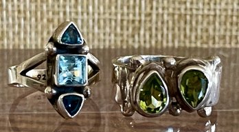 2 Sterling Silver Pinky Rings - Faceted Topaz & Faceted Peridot - Total Weight 11.9 Grams