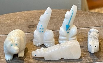 5 Vintage Zuni Carved Stone Fetish Animals - Bears - Turquoise Eyes And Arrows