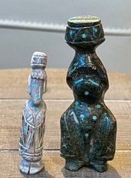 2 Vintage Hand Carved Zuni - Corn Maiden & Olla Maiden With Turquoise Inlay