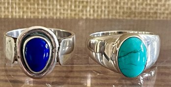 (2) Sterling Silver Rings - Turquoise Cabochon & Blue Lapis - Size 9 - 9.5 - Total Weight 14.7 Grams