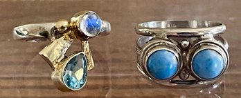 (2) Sterling Silver Rings - Blue Topaz & Moonstone And Blue Lapis Both Size 5 - Total Weight 8.4 Grams