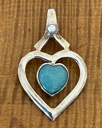 Sterling Silver - Pearl & Chrysocolla Heart Pendant - Total Weight 12.1 Grams