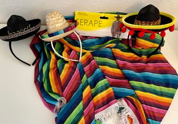 Multi Color Serape With Fringe Costume With 3 Small Sombreros