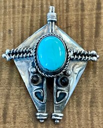 Sterling Silver - Turquoise & Smoky Quartz Pendant Handmade - Total Weight 9.8 Grams