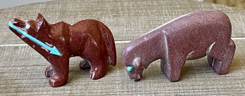 2 Zuni Hand Carved Pipestone Fetish Animals - Wolf With Turquoise Arrow & Sheep Turquoise Eyes